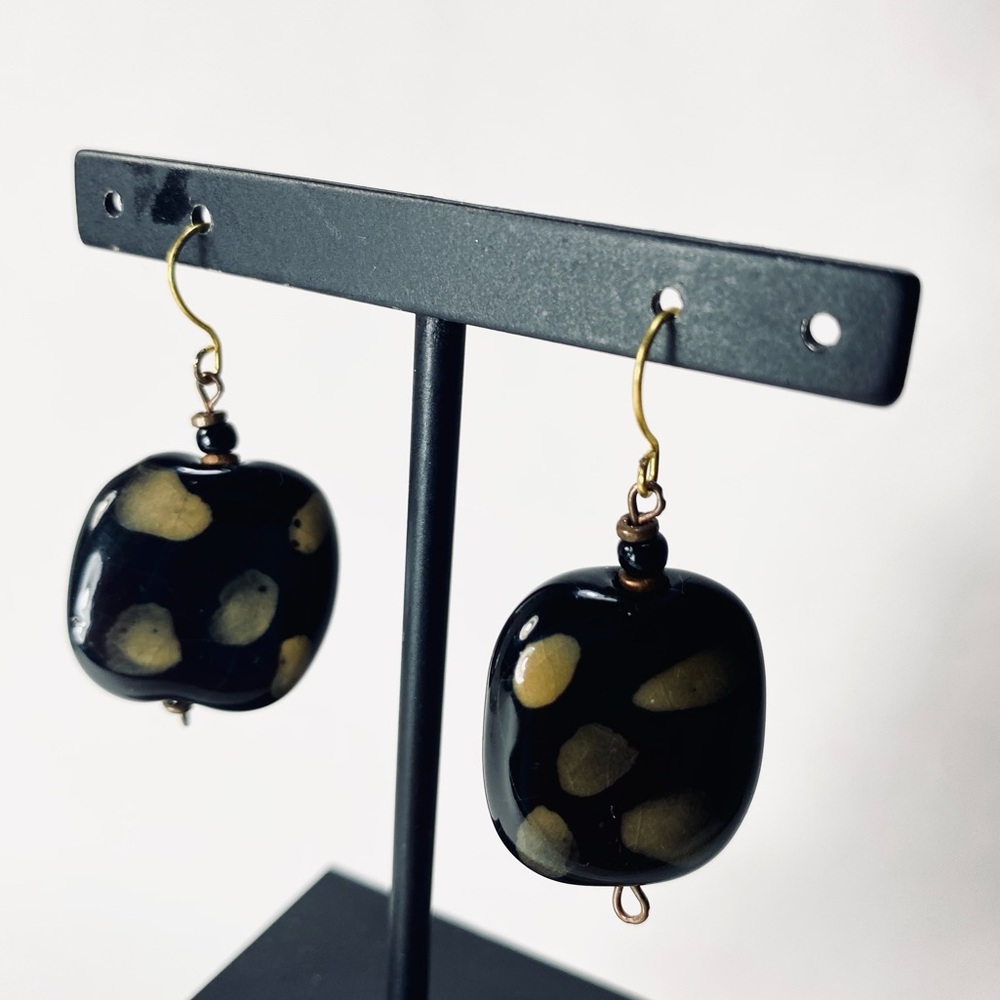 Black and Beige Spotted Square Glass Dangle Earrings